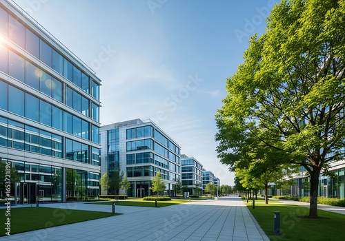Modern glass office buildings with green trees and blue sky