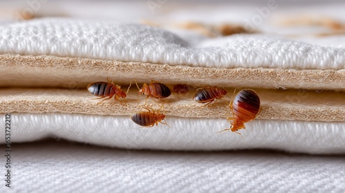 Close-up of bed bugs on mattress fabric showing detailed insects