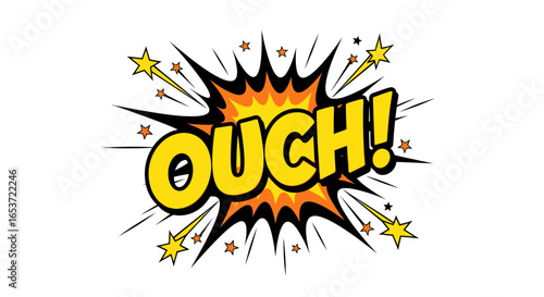 Vibrant comic explosion with the word 'ouch!' conveying sudden pain or surprise with dynamic starbursts, sharp spikes, and energetic visual elements in a bold and playful style for expressive