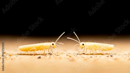 Two tiny white springtails face each other on a textured surface
