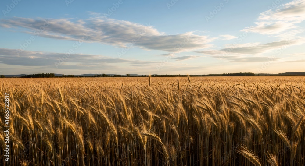 Obraz premium Golden wheat field waving in the wind at sunset