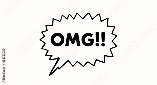 Striking black and white illustration of an expressive speech bubble containing the abbreviation 'OMG!!', conveying intense surprise or disbelief within a jagged, hand-drawn style border emphasizing