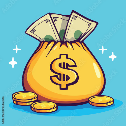 Vector illustration of money bag with dollar sign, cash bills, and gold coins - money, bag, vector, cash, coins, dollar, wealth, finance, savings, currency