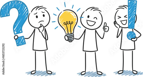 Stick figures showing problem solving and creative thinking