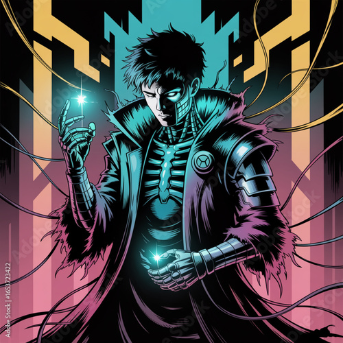 Vector Illustration of Dark Cyberpunk Anti-Hero with Neon Robes and Jade Energy