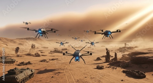 Futuristic drone swarm over arid battlefield depicting technological dominance and warfare evolution