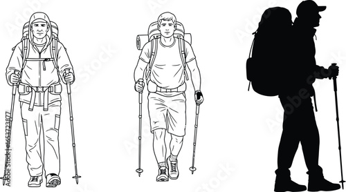 Hiking trekking vector illustration with backpack and poles