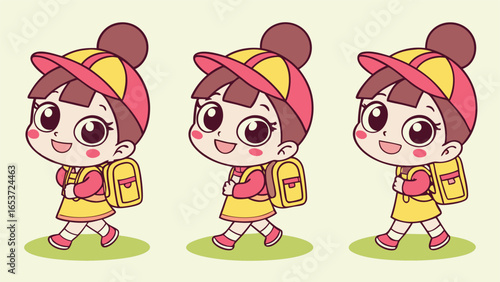 Three cartoon schoolgirls with backpacks walk cheerfully side by side across a light background