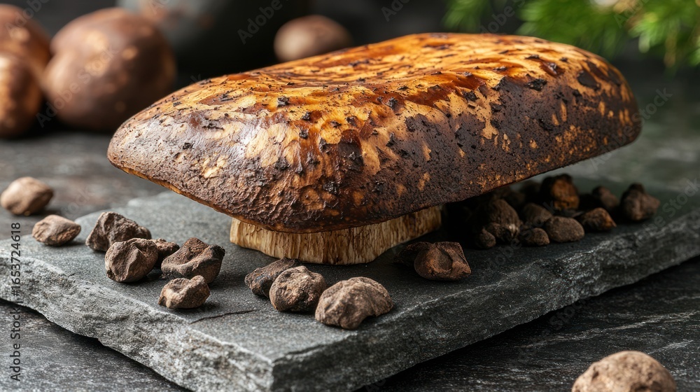 Obraz premium Close-up of a large, dark-brown mushroom on a dark stone slab, surrounded by smaller dark brown pieces