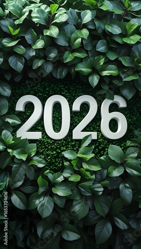 The year 2026 concept symbolizing environmental goals and a fresh start. White 3D numbers emerging from a lush green leaf wall backdrop.