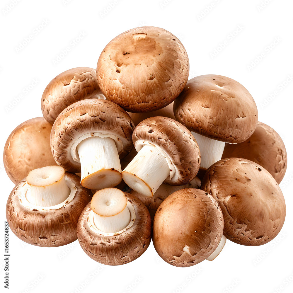 Fresh Brown Mushroom Pile Isolated On White Background: An enticing stack of fresh brown mushrooms, each one a perfect specimen, inviting culinary creativity and hinting at earthy flavors. Fresh Brown Mushroom Pile Isolated On White Background: An enticing stack of fresh brown mushrooms, each one a perfect specimen, inviting culinary creativity and hinting at earthy flavors.