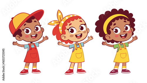 Three joyful diverse cartoon girls with charming outfits stand happily with transparent background