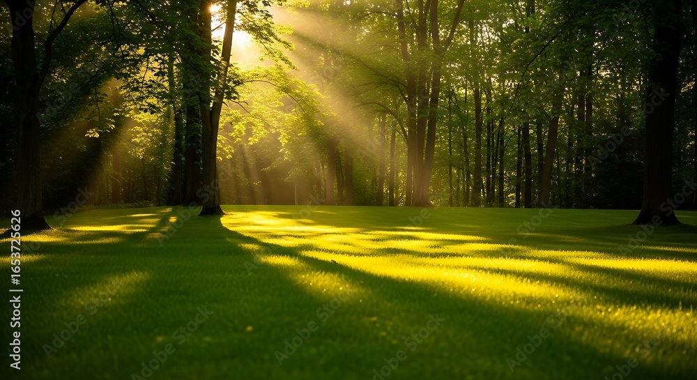 Fototapeta premium Sunlight streaming through trees in a forest