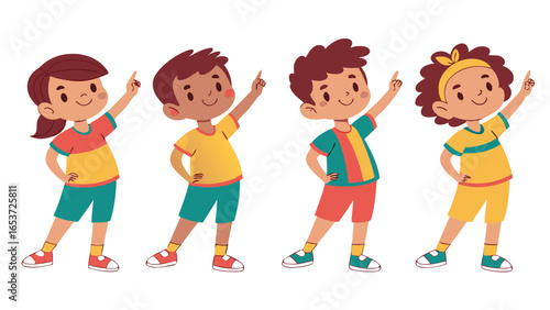 Diverse children point upward cheerfully, showcasing vibrant outfits against a clean, transparent backdrop