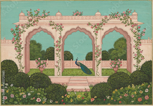 Ornate Mughal vector wallpaper illustration with grand archway, peacock, and botanical motifs, traditional Indian folk art design for wall murals
