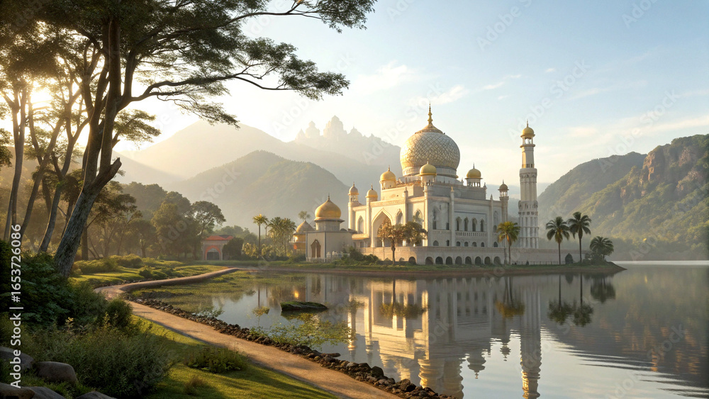 Fototapeta premium Magical palace with golden domes reflecting on serene waters