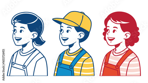 Three cheerful children of diverse ethnic backgrounds smile in colorful overall outfits against a white background