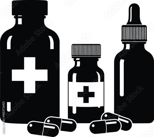 Pharmaceuticals medicines bottles and pills health care concept