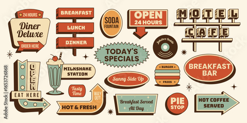 Retro sticker set. Dinner lunch breakfast diner signs,motel signboards,burger,milkshake,arrows and more. Vector illustration in vintage colors mid century 50s, food flyer,travel design,restaurant menu