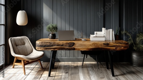Minimalist Home Office with Rustic Wood Desk and Cozy Chair