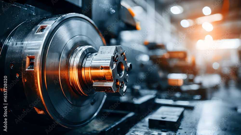 Fototapeta premium A shiny metal shaft being held securely in the chuck of a large, industrial lathe machine.