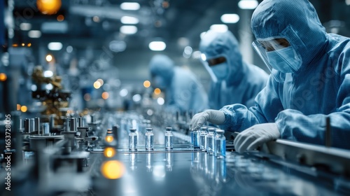 Pharmaceutical Laboratory Workers in Sterile Cleanroom Filling Vials