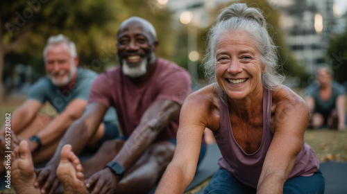 Happy Seniors Practicing Outdoor Stretching Exercise in Urban Park