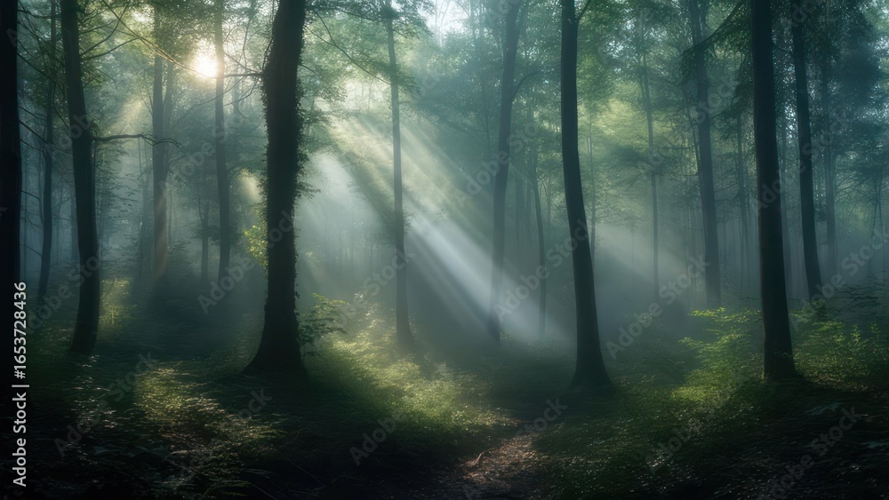 Obraz premium Sunbeams piercing a misty forest (1)