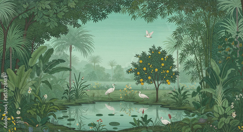 Vibrant tropical forest vector wallpaper with jungle plants, flowers, swamp, and exotic birds, artistic mural illustration for wall prints decor