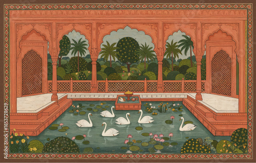 Detailed Mughal vector landscape of lakeside garden with gazebo, swans, waterfall, and mountains, perfect wall art mural for living room decor