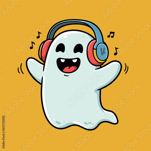 Cheerful cartoon ghost with colorful headphones singing joyfully, surrounded by musical notes on a yellow background.
