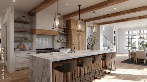 Elegant modern farmhouse kitchen interior with a spacious open floor plan, warm wooden details, and contemporary finishes