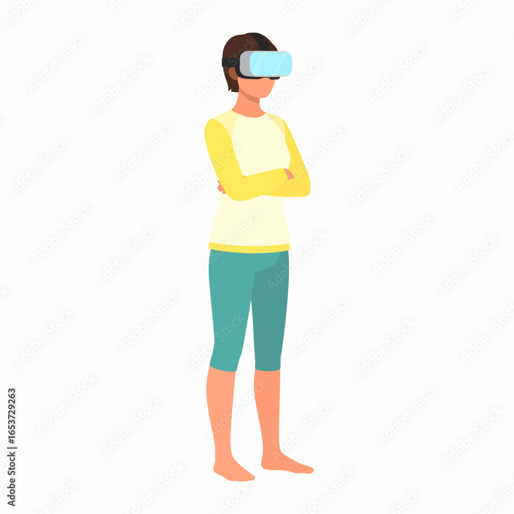 Illustrated woman in casual wear and a VR headset, standing barefoot with arms crossed. Illustrated woman in casual wear and a VR headset, standing barefoot with arms crossed.