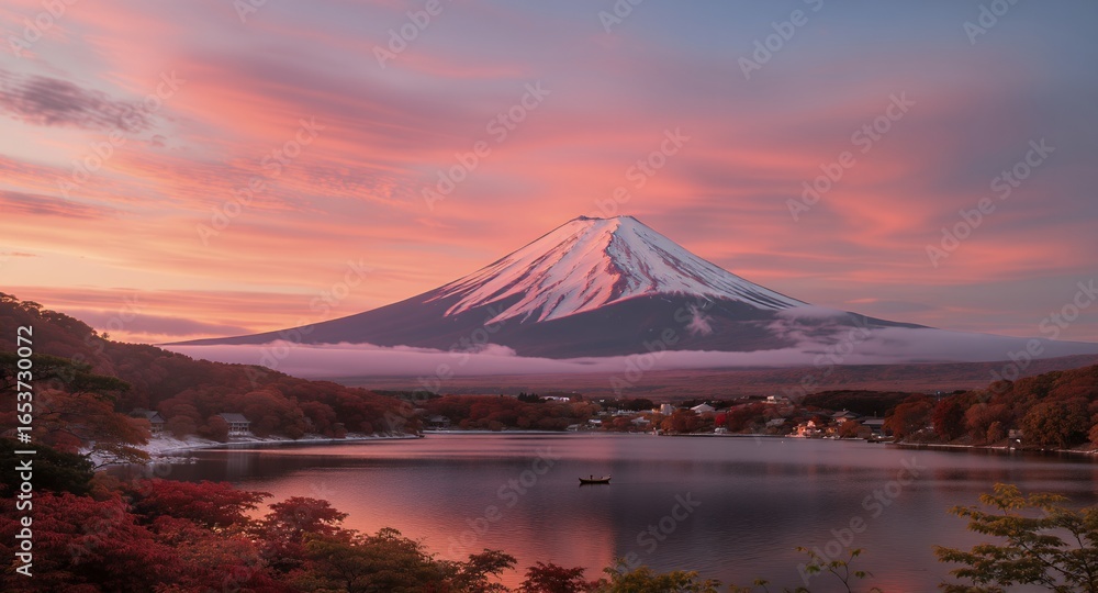 Fototapeta premium Stunning Sunrise Mountain Peak Lake Reflection Autumn Scenery