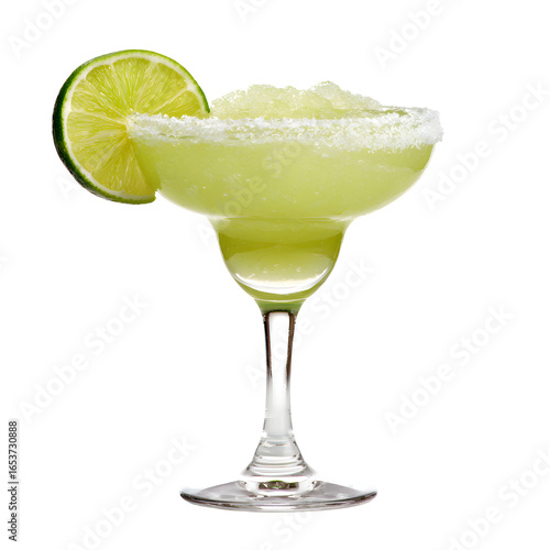 Margarita alcoholic beverage served in a margarita glass with a lime wedge and salt rim PNG transparent background