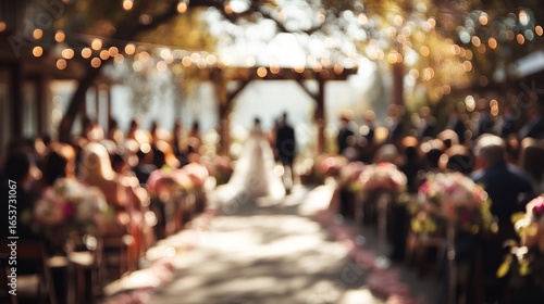 Wallpaper Mural Blurred outdoor wedding party with soft natural light, warm romantic atmosphere, joyful celebration guests, floral decorations, elegant dresses, festive mood,love, romance,event celebration concept Torontodigital.ca