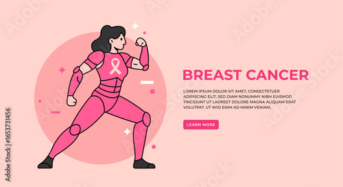 Breast cancer awareness concept with strong woman in pink suit showing power and hope
