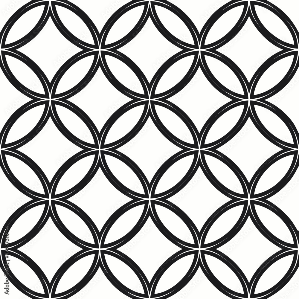 Vector art of geometric interlocking circles pattern, a seamless black and white design isolated on white background
