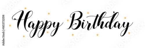 Happy Birthday text as badge, tag, icon. Celebration card, invitation, postcard, banner template. Feast textured background. Holiday lettering typography poster. Vector illustration EPS 10 .