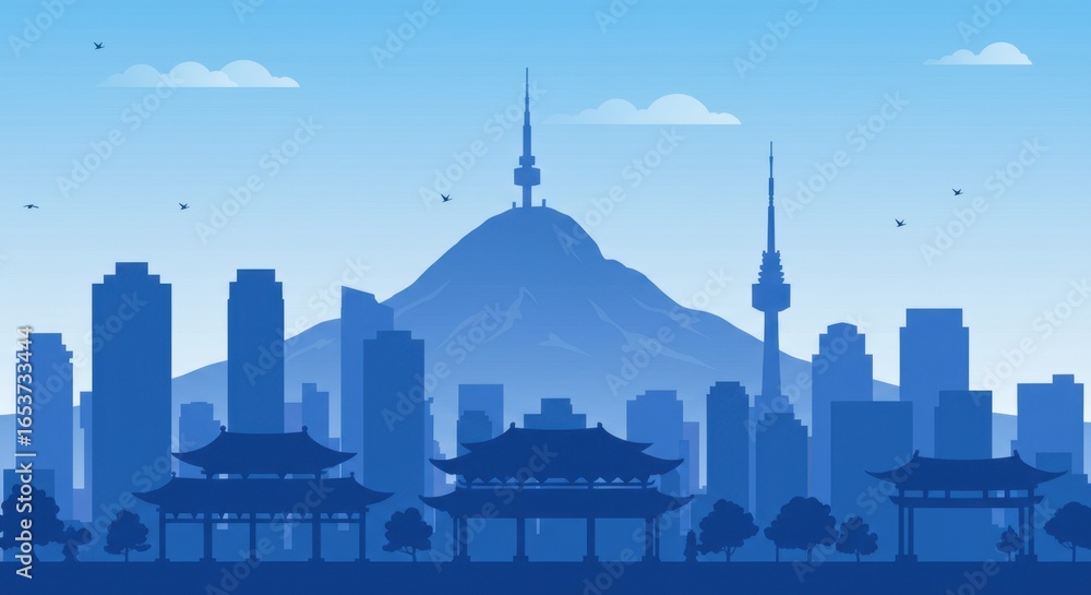 Fototapeta premium Stylized Asian Cityscape Silhouette