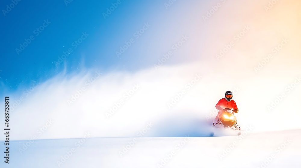 Fototapeta premium Lone figure in red and orange against vast white and blue background
