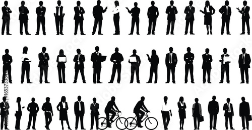 Business people silhouettes, office workers vector, professional man and woman, standing business pose, corporate clipart, teamwork illustration, formal attire icons, diverse business group