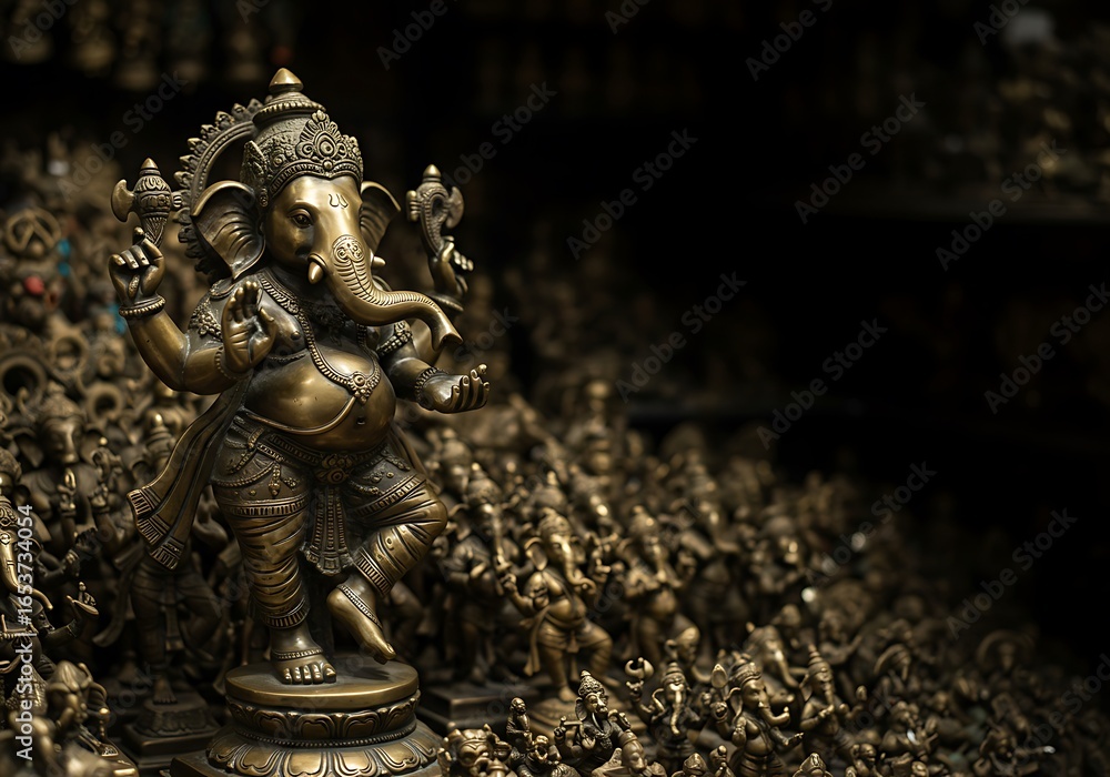 Obraz premium Detailed Bronze Ganesh Statue Amidst Many Smaller Sculptures. Generative Ai