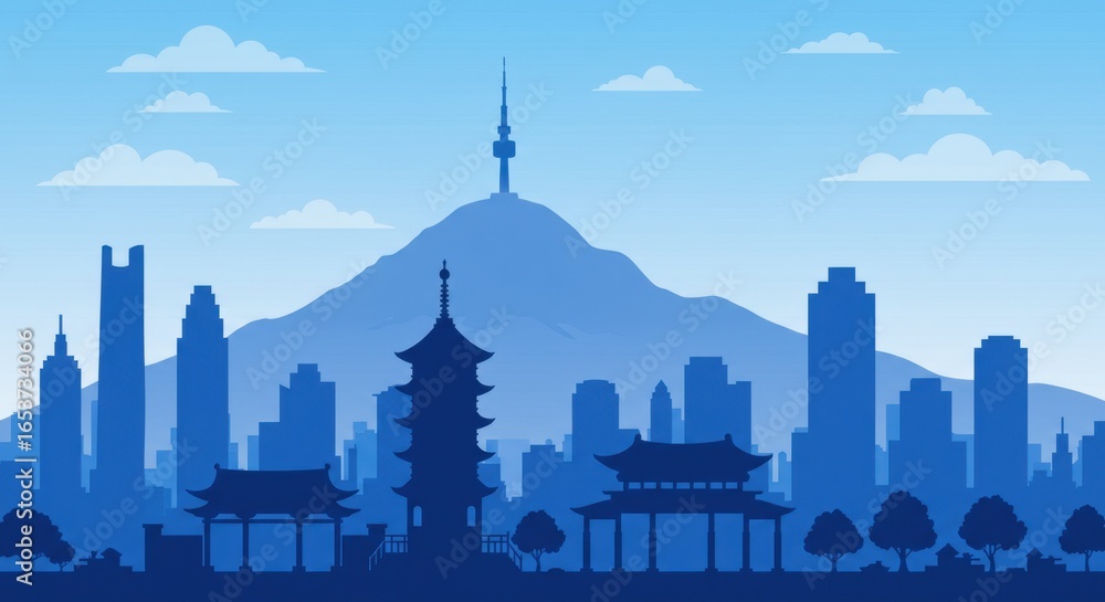 Obraz premium Stylized Asian Cityscape Silhouette