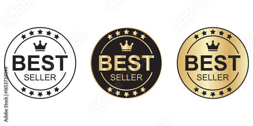 Three star-edged premium quality best seller badges with crowns in gold, silver, and bronze colors, symbolizing top rated trusted product and promotional branding in clean simple vector style