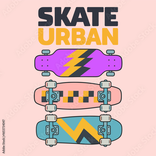 Skate board vector illustrations with slogans for t-shirt print and other uses. Hand drawn skateboarding seamless pattern. Skate board typography. 