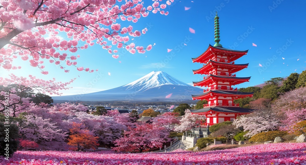 Fototapeta premium Stunning Cherry Blossom Scene Pagoda, Mountain Spring Blooms