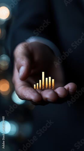A hand holds glowing bars representing data or growth, set against a blurred background of lights, conveying themes of business and analysis.