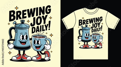 Brewing Joy Daily Coffee Cartoon T-Shirt Design