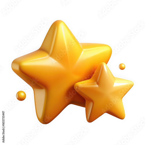 Two shiny golden stars with small spheres metallic award isolated on a transparent background